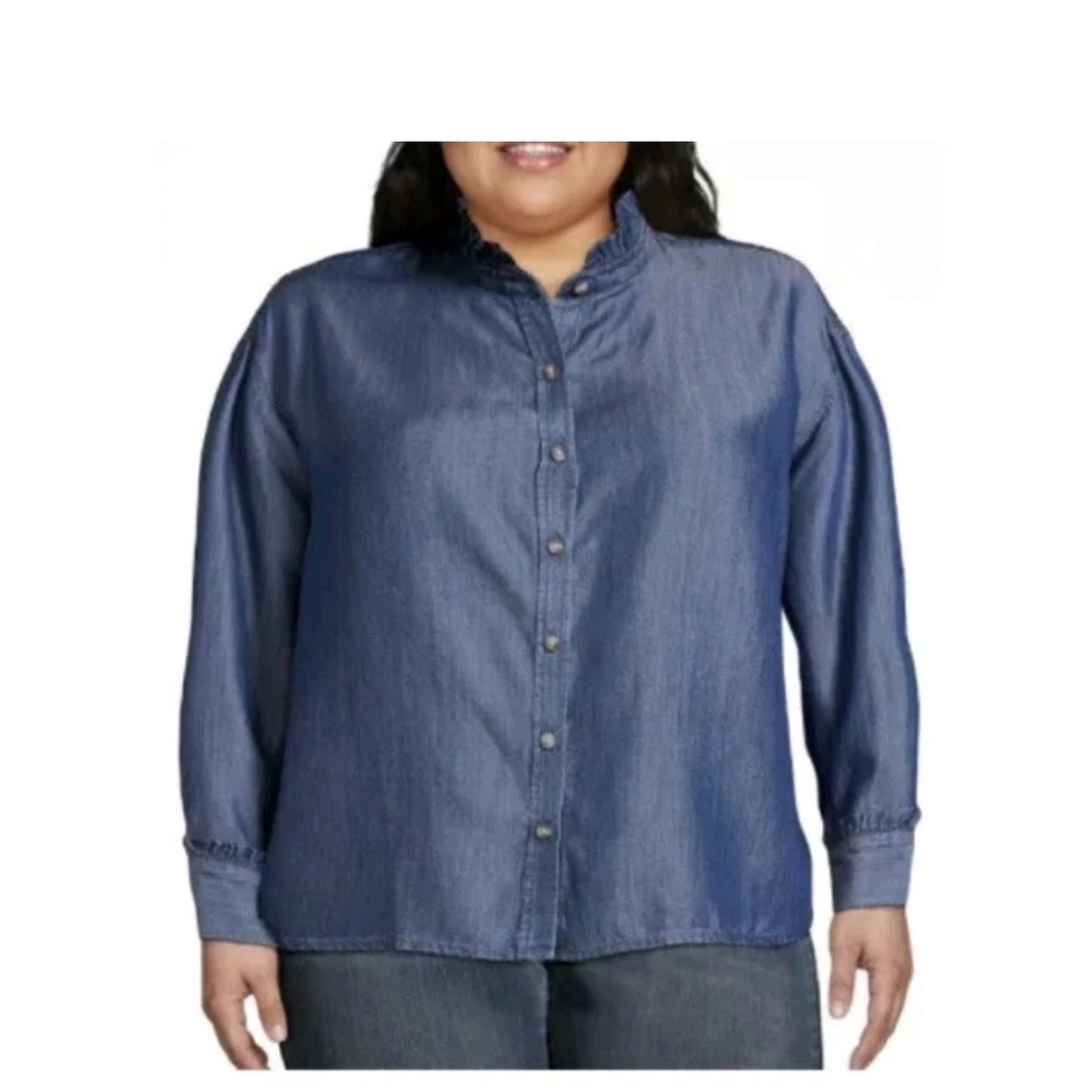Time and Tru Women's Long Sleeve Chambray Ruffle Collar Shirt XXXL Size 22